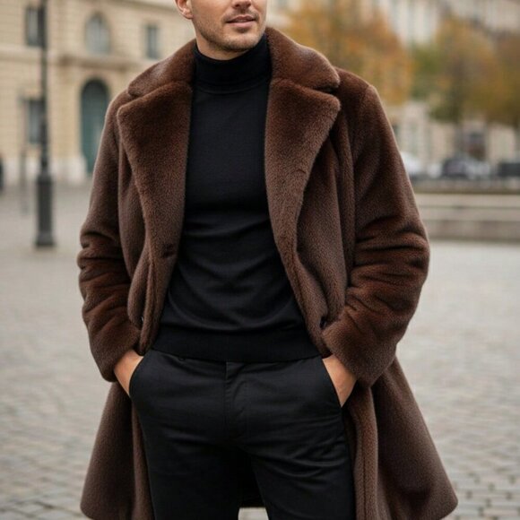 Other - Brown Casual Men's Faux Mink Fur Long Coat